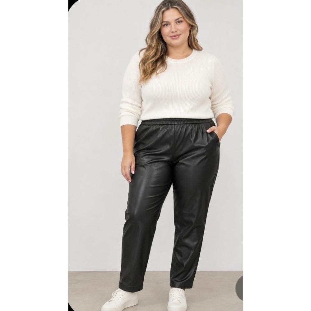 Ann TaylorBlack Faux Leather Elastic Waist Straight Leg Pants Womens Plus Size